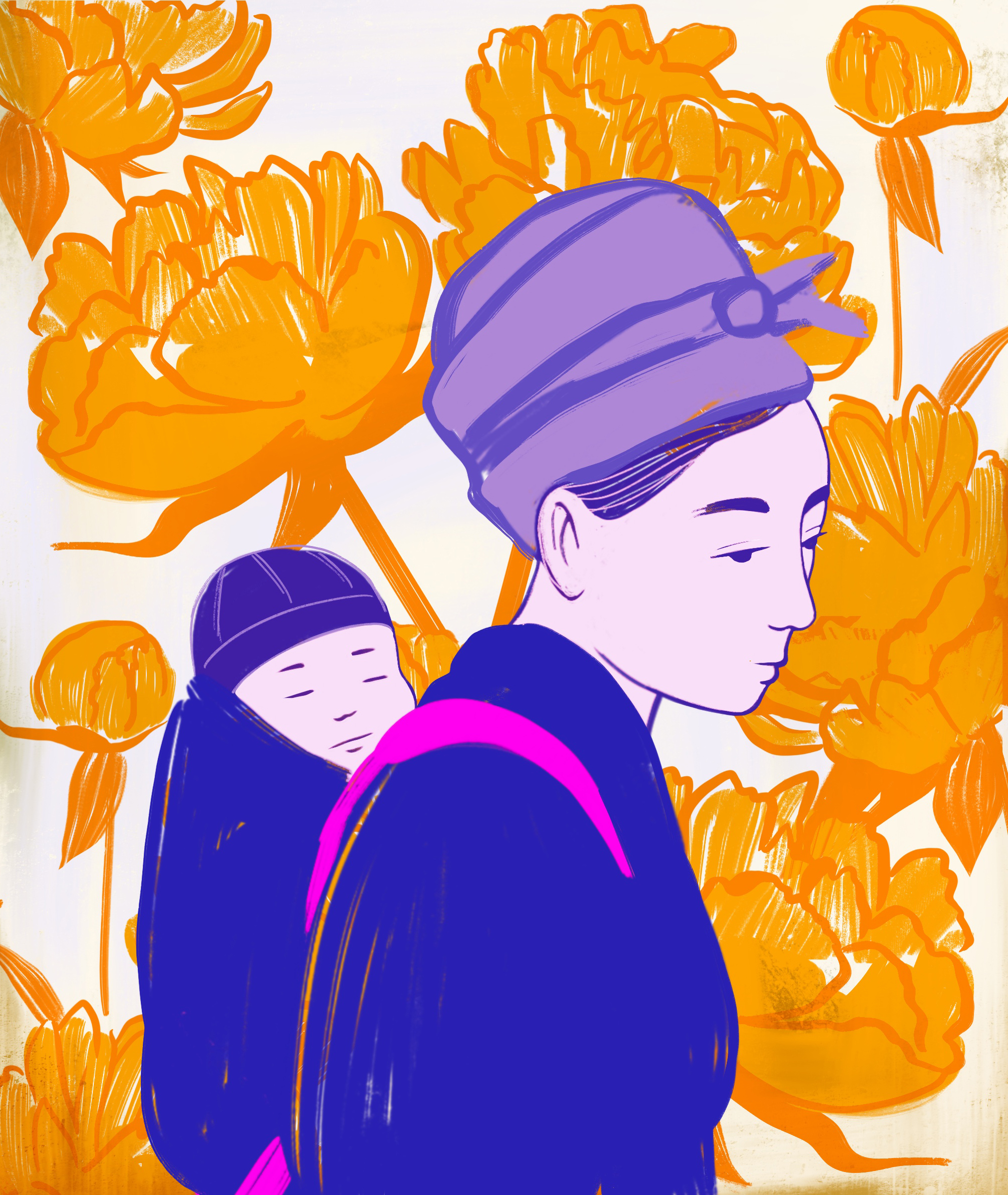 illustration of hmong women carrying her child on her back 